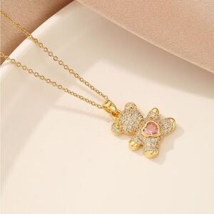 BRAND NEW 🧸 Teddy Bear with Pink Heart Gem Gold-Plated Full Rhinestone Necklace